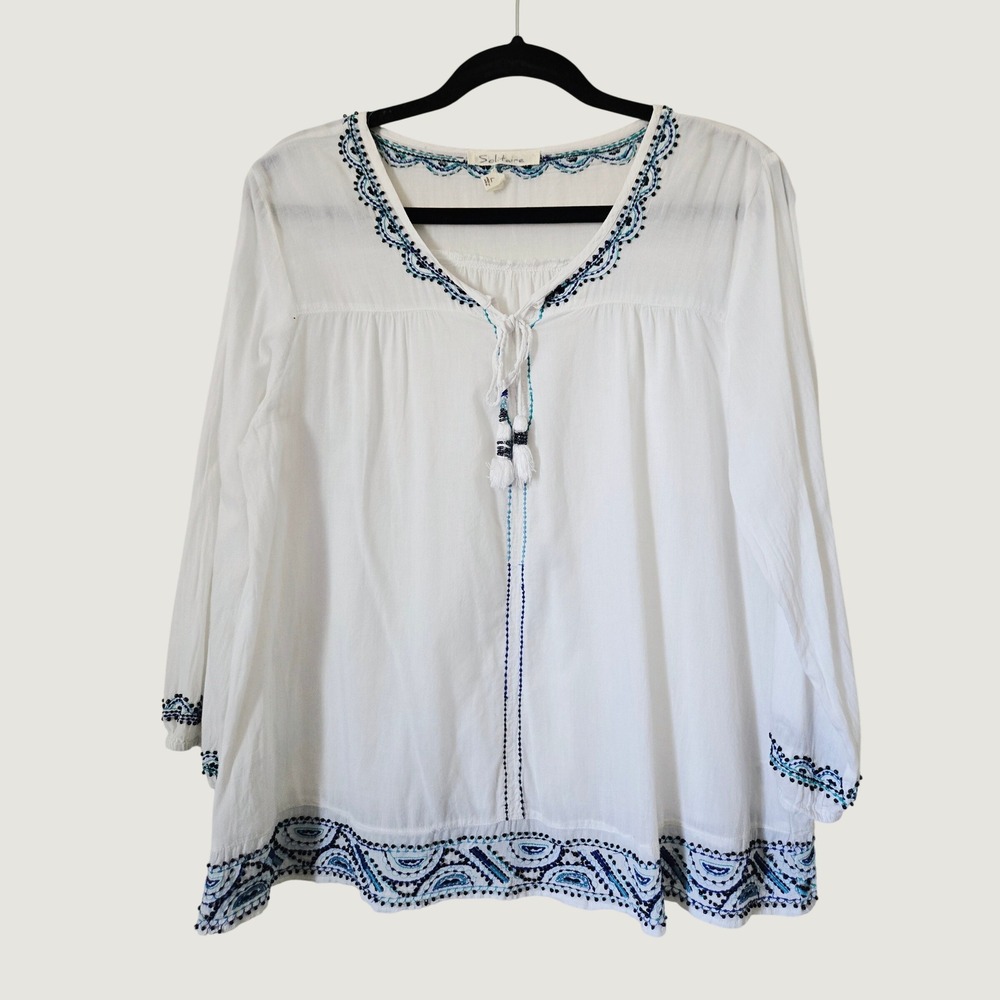 Solitaire Womens White Cotton Embroidered Boho Peasant Blouse Blue Beaded L